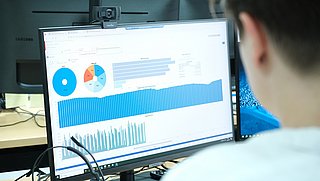 Eine Person sitzt vor einem Bildschirm. Auf dem Bildschirm ist ein Dashboard zu Energiemonitoring.